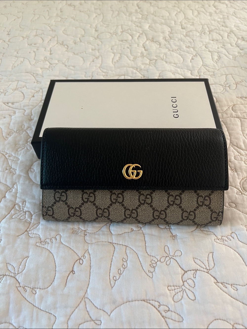 Gucci Brown Leather & Beige GG Supreme Continental Wallet with Gold Double G